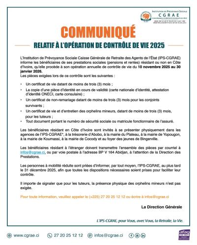  OPERATION DE CONTRÔLE DE VIE 2025/ COMMUNIQUE DE  LA CGRAE  